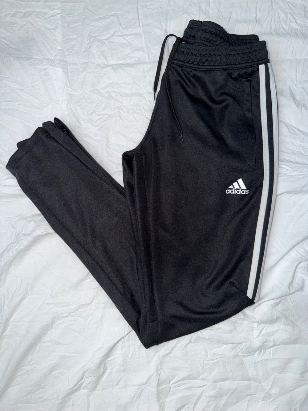 adidas Black Joggers with White Side Stripes - zipper detail